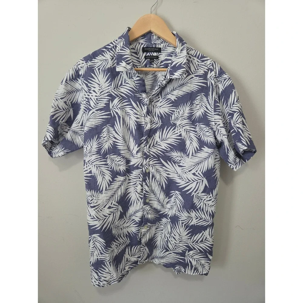 Banana Republic Mens Blue White Linen Palm Leaf Camden Standard Fit Shirt Large